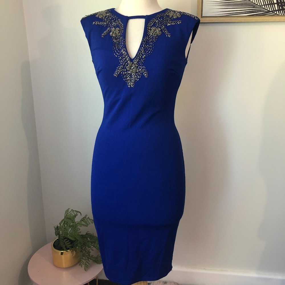 Little Mistress Royal Blue Sleeveless Jeweled Cocktail Pencil Dress Size 6 NEW - Picture 1 of 12